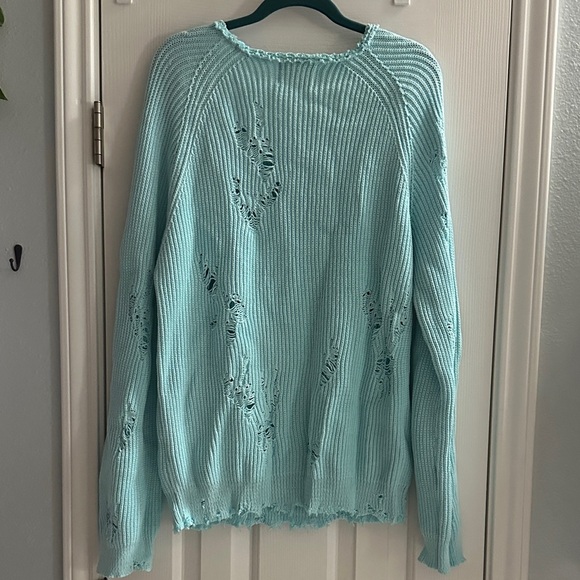 Laneus Light Blue Distressed Ribbed Cotton Blend Sweater Made In Italy Size 52 - Picture 5 of 9